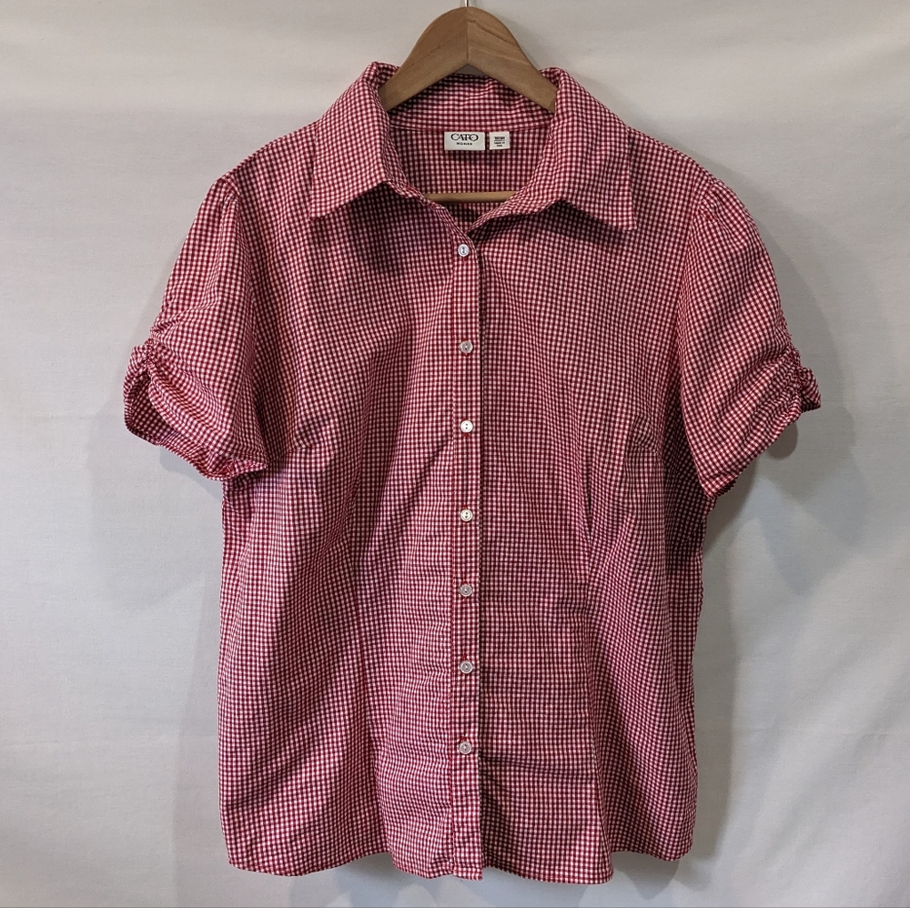Cato Women Red Gingham  Cotton Puff Sleeve Button Down Top/Blouse Size 18/20W